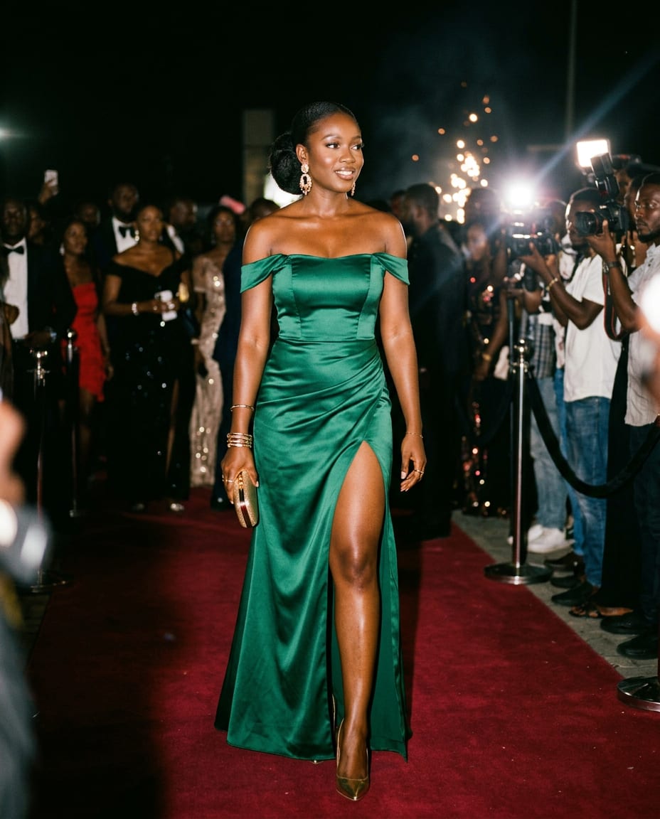 Emerald satin gown with a high slit on the red carpet
