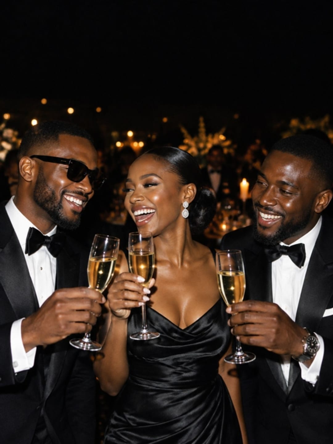 Friends in black tie raising champagne