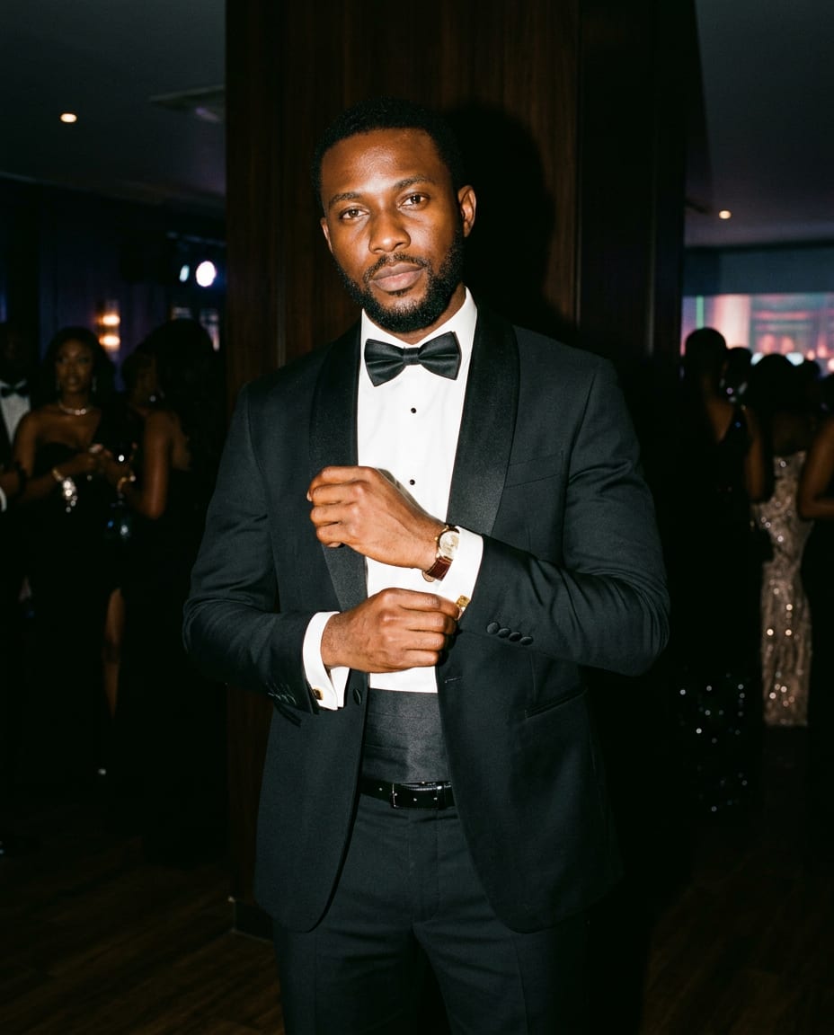 Black shawl-lapel tuxedo and bow tie